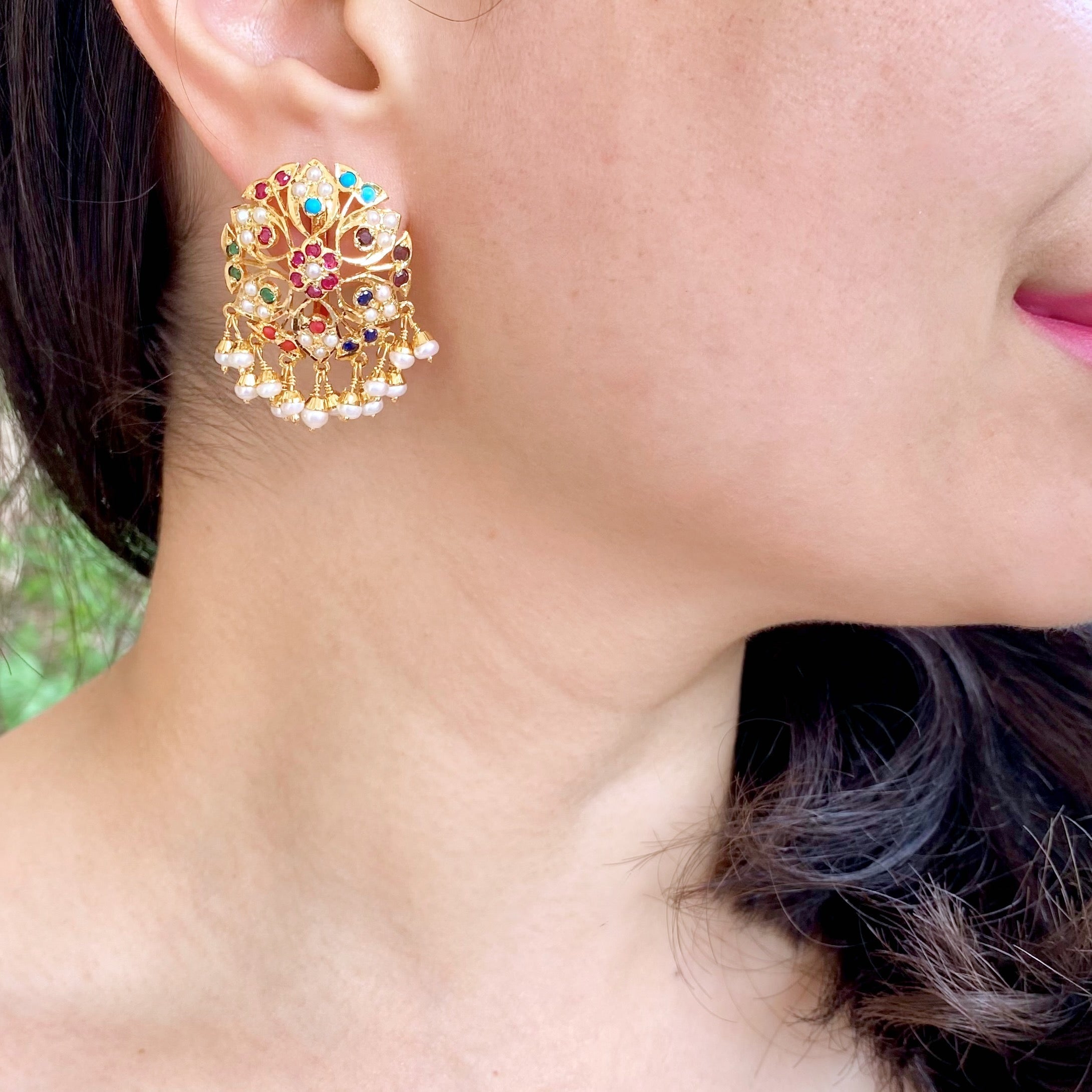 Gold Plated Round Navaratna Studs For Women | Indian Jadau Jewelry on Sterling Silver ER 122