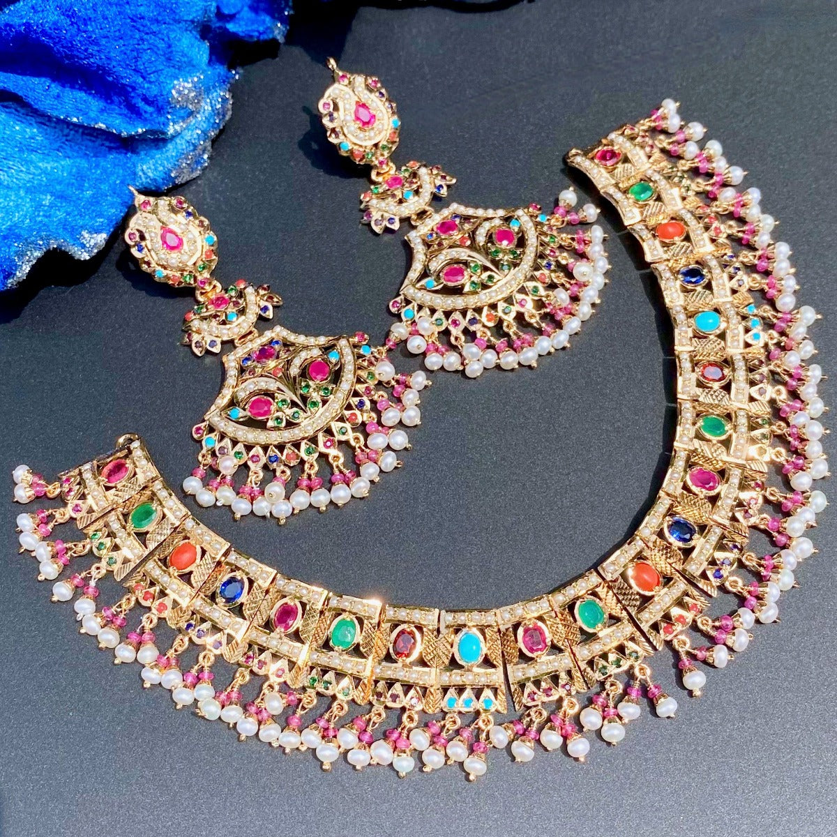 bridal Navaratna necklace set in gold plated silver