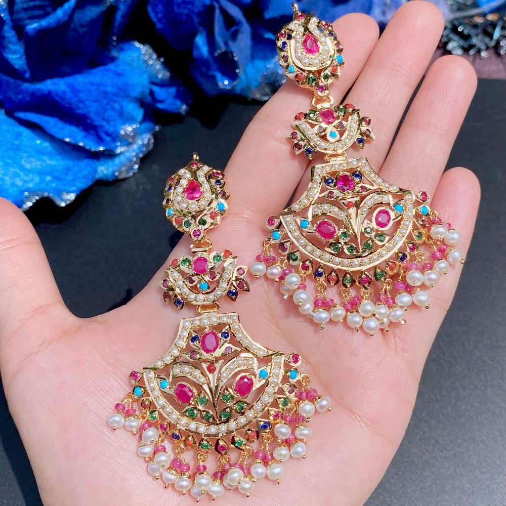 statement navratna earrings, jadau danglers in navratna colours