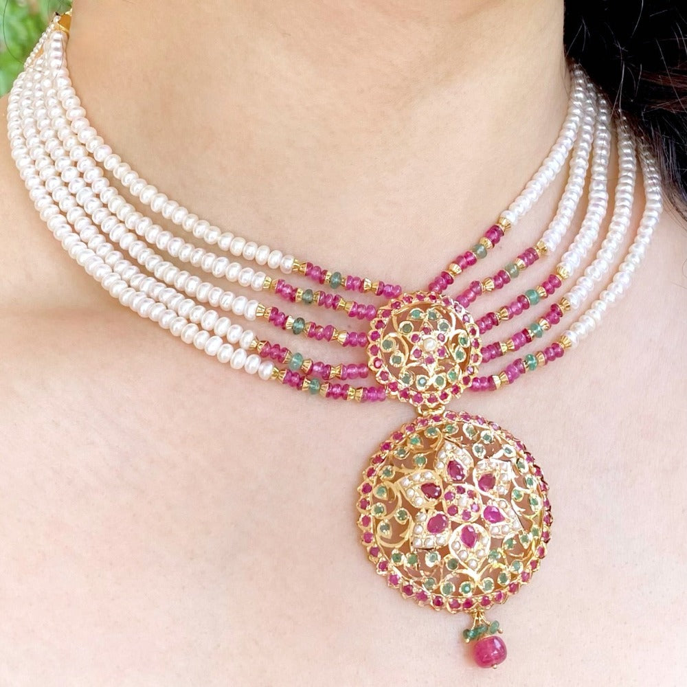 Floral Jadau Necklace Set in 22ct Gold GNS 145