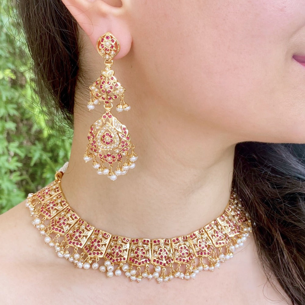 Classic Ruby Pearl Necklace | Long Dangler Earrings | Gold Plated Silver NS 207