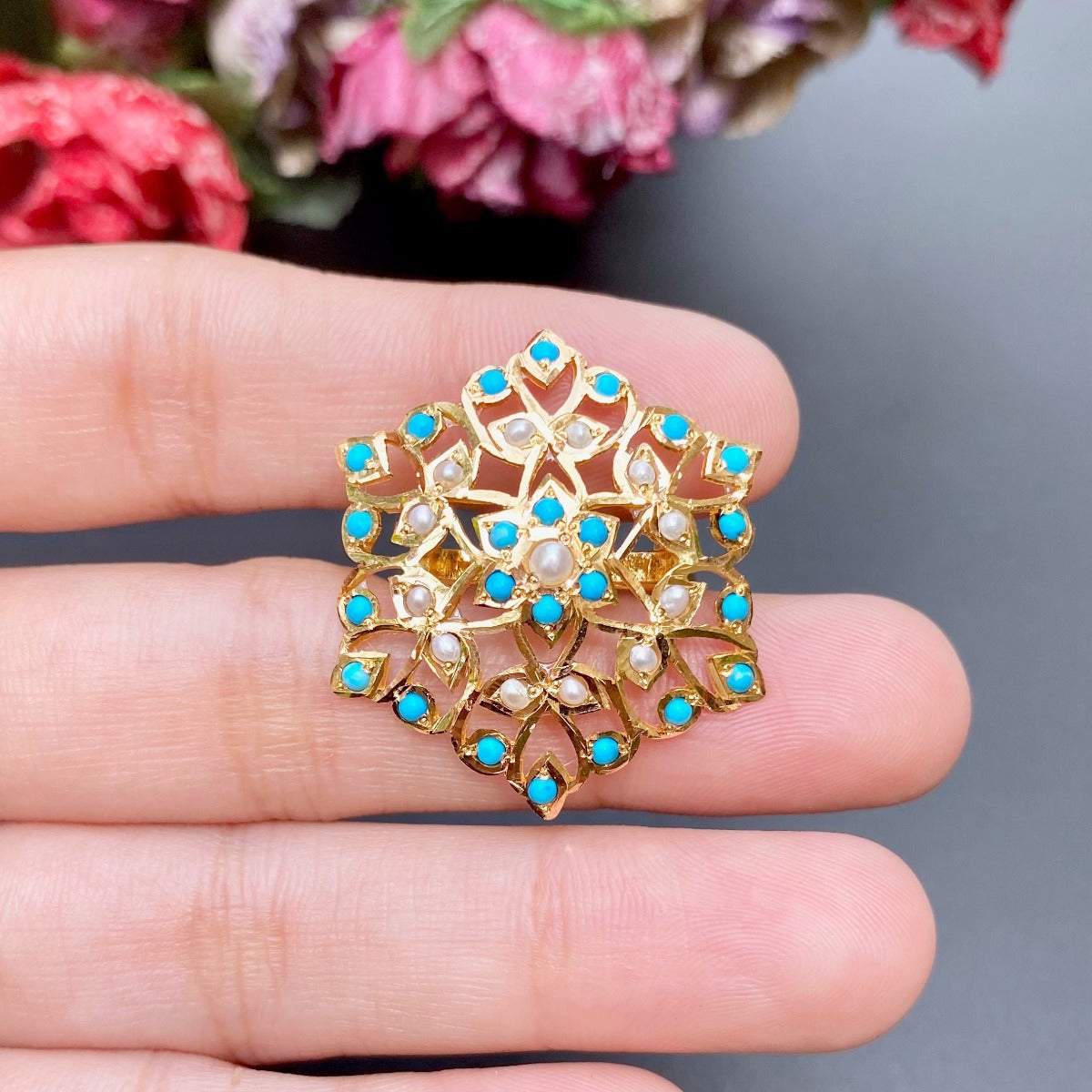 floral pearl and turquoise ring antique design on 22k gold