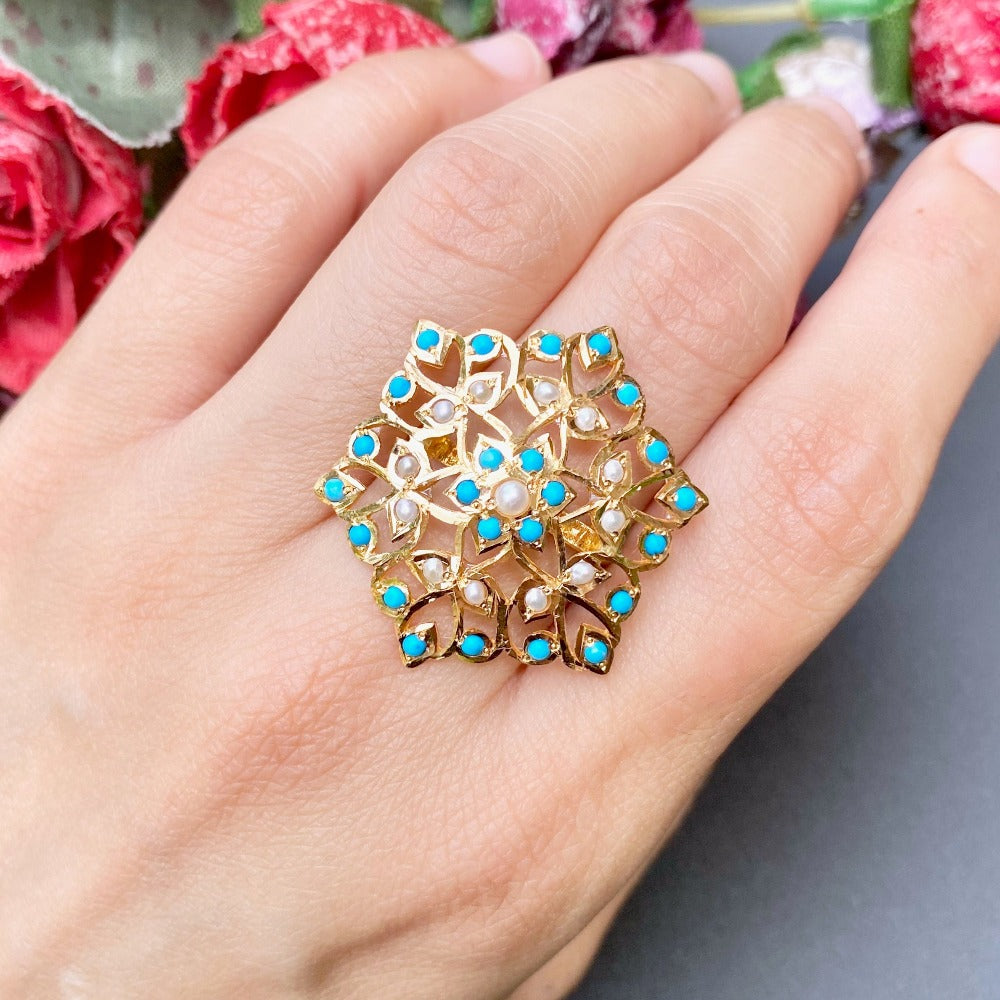 floral pearl and turquoise ring antique design on 22k gold