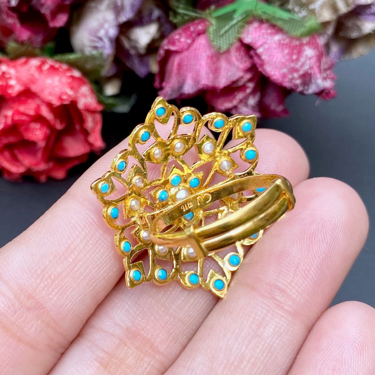 floral pearl and turquoise ring antique design on 22k gold