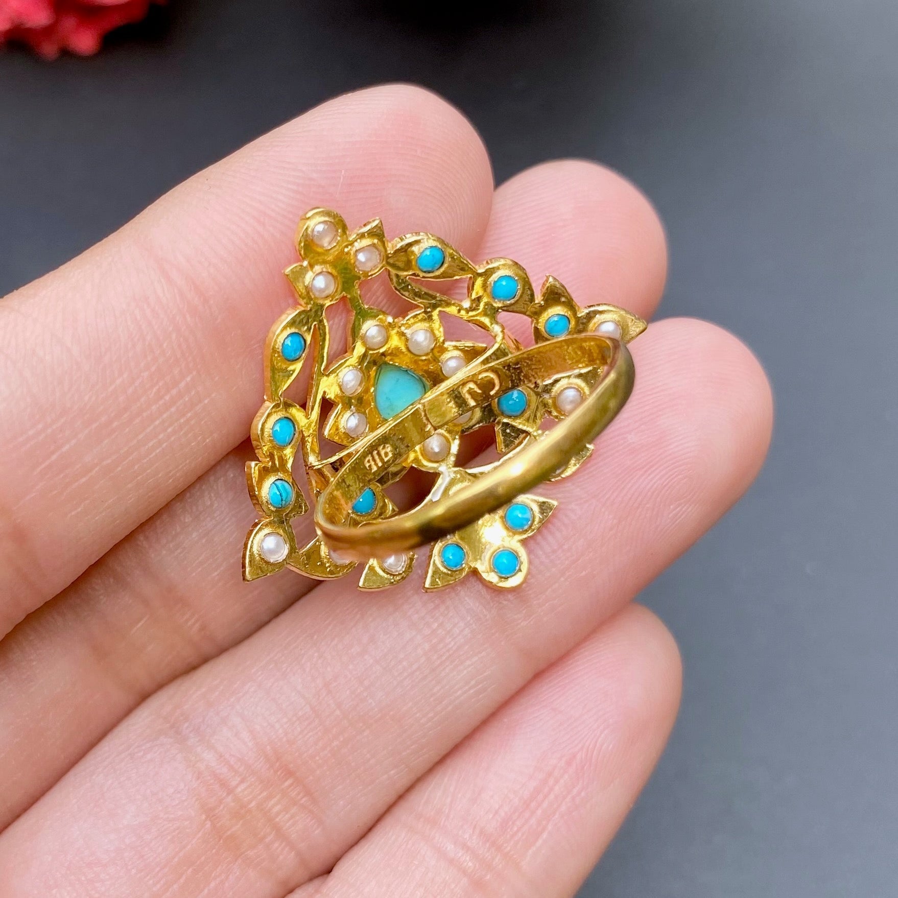 pearl and turquoise ring in 22ct gold