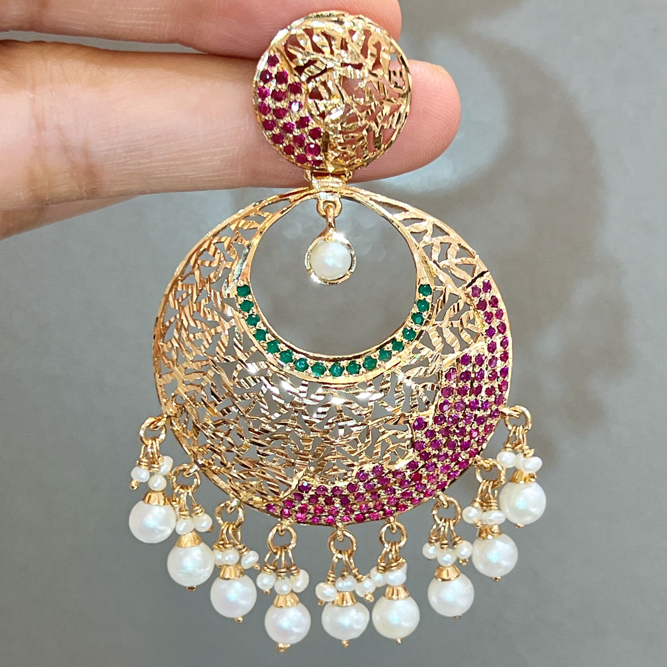 Modern Jadau Chandbali Earrings | Hnadcrafted Jadau Jewellery | Ruby Emerald Pearl Chandbali | ER 677