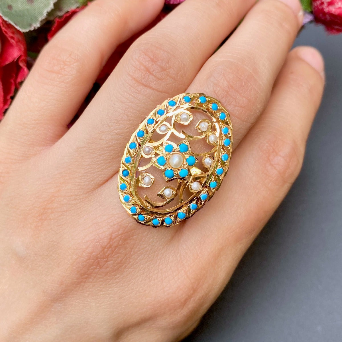 vintage pearl and turquoise ring