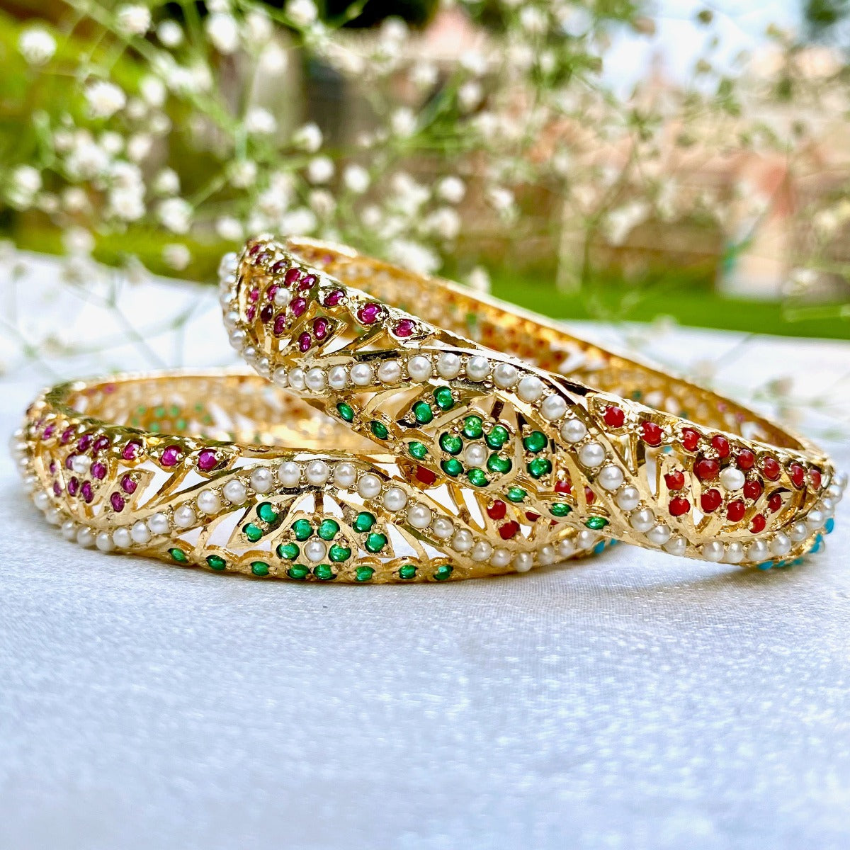 Navrattan Bangles on Gold Plated Silver | Traditional Punjabi Jadau Bangles BG 048