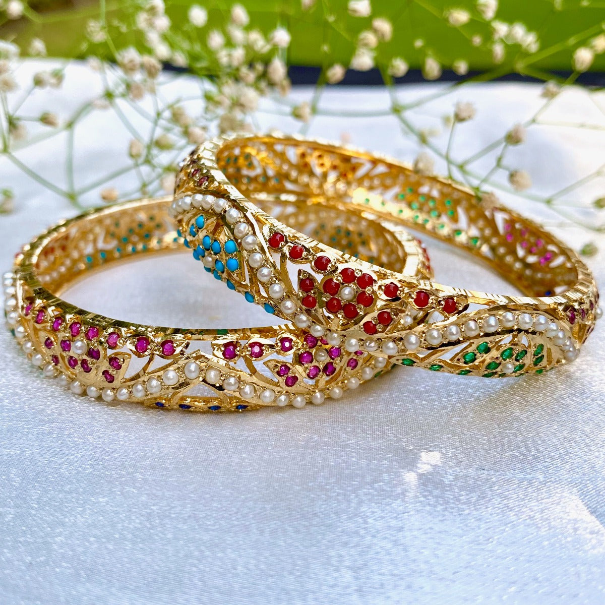 Navrattan Bangles on Gold Plated Silver | Traditional Punjabi Jadau Bangles BG 048