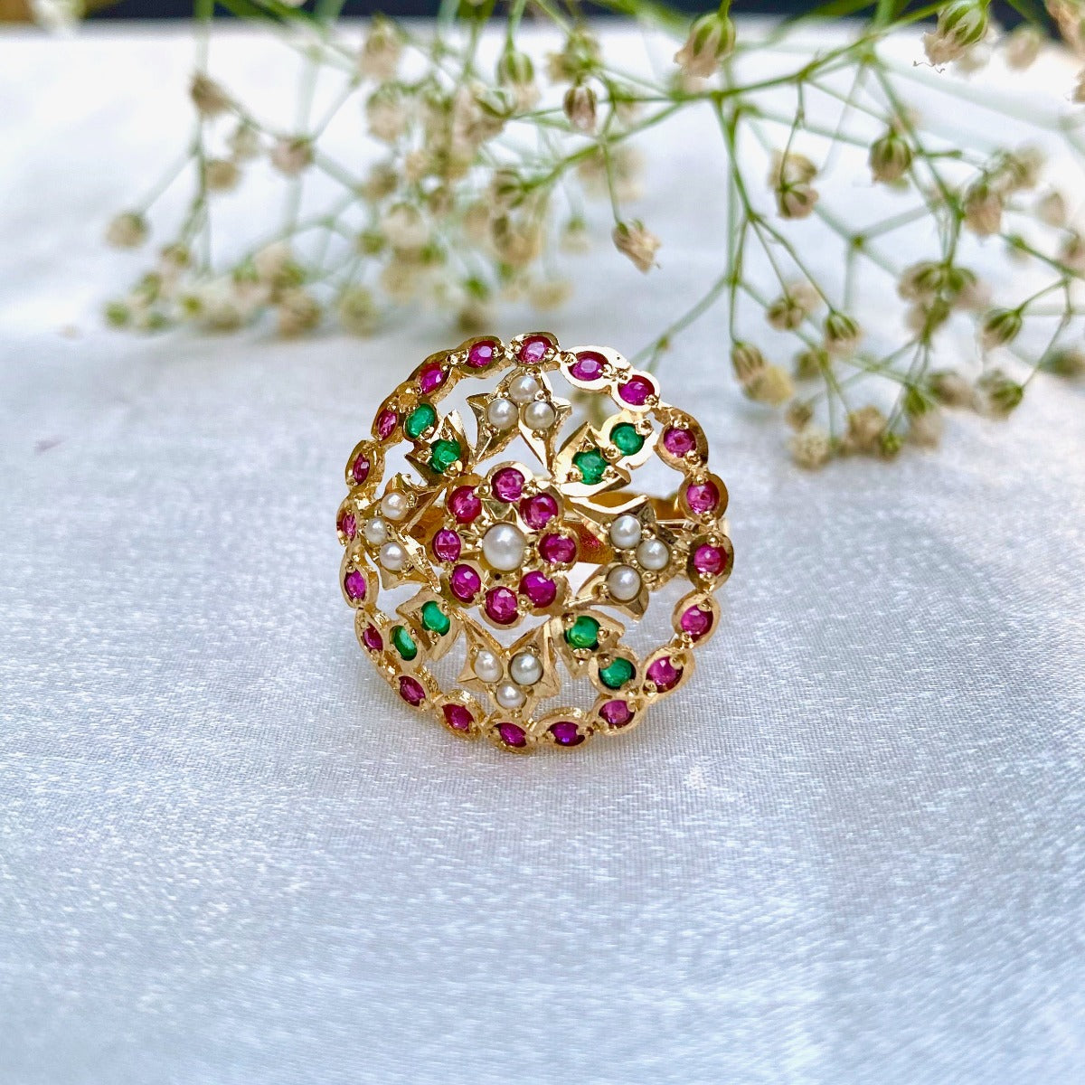 Multicolored Jadau Cocktail Ring in Gold Plated Silver LR 023