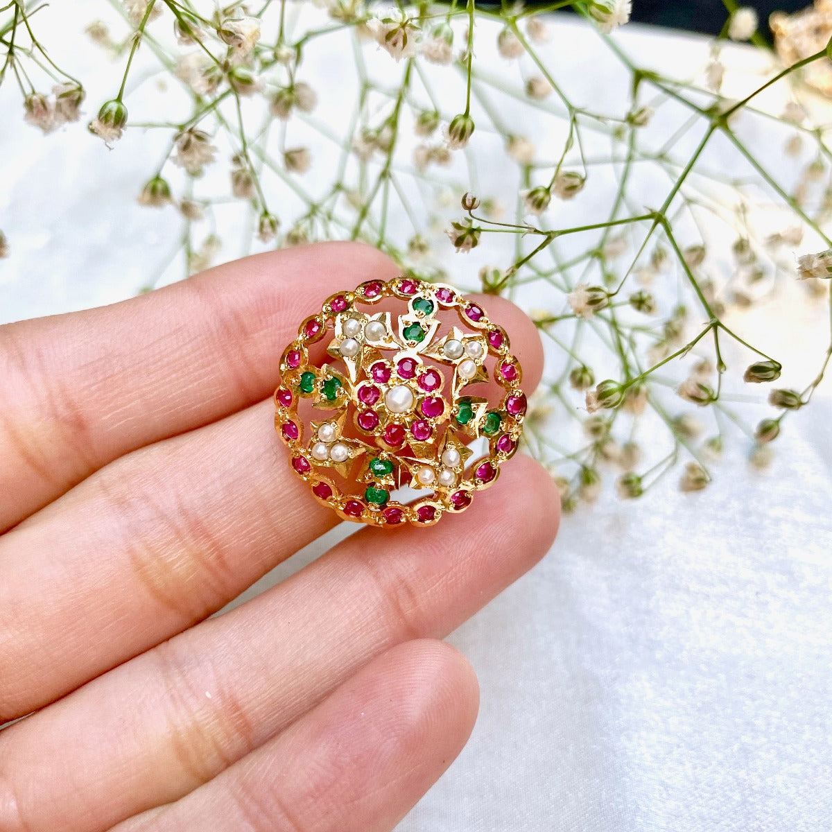 Multicolored Jadau Cocktail Ring in Gold Plated Silver LR 023