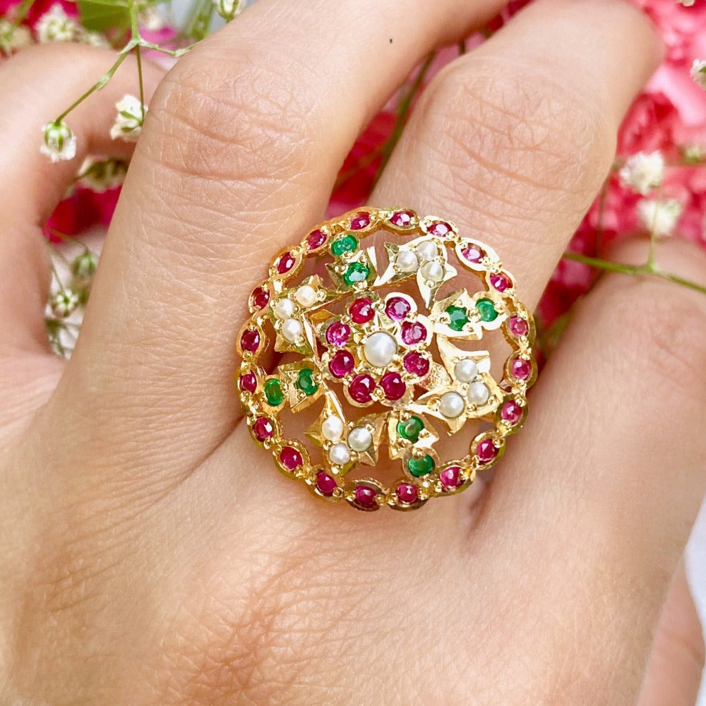 Multicolored Jadau Cocktail Ring in Gold Plated Silver LR 023