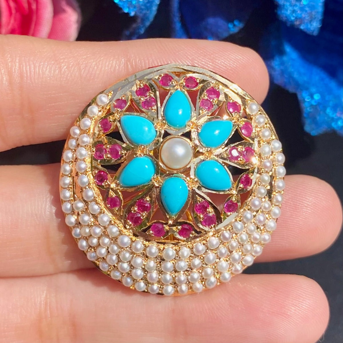 turquoise ruby and pearl ring in 22ct gold