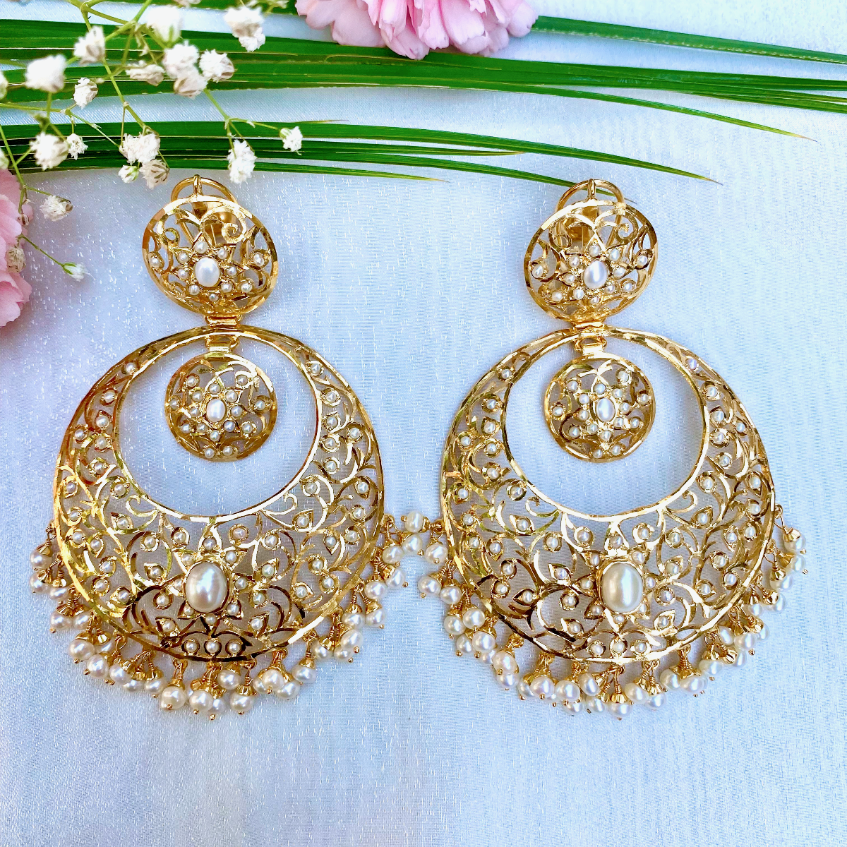 pearl studded gold plated chandbalis