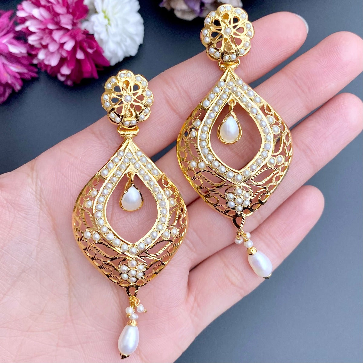 pearl chandbali with gold plating