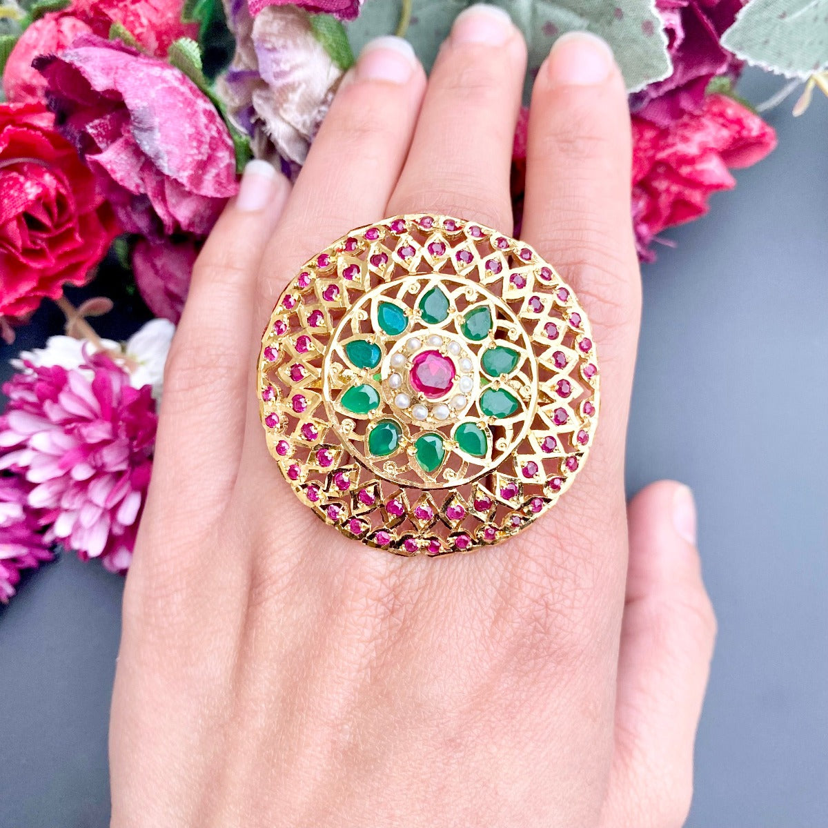 Multicolored Jadau Cocktail Ring in Gold Plated Silver LR 006