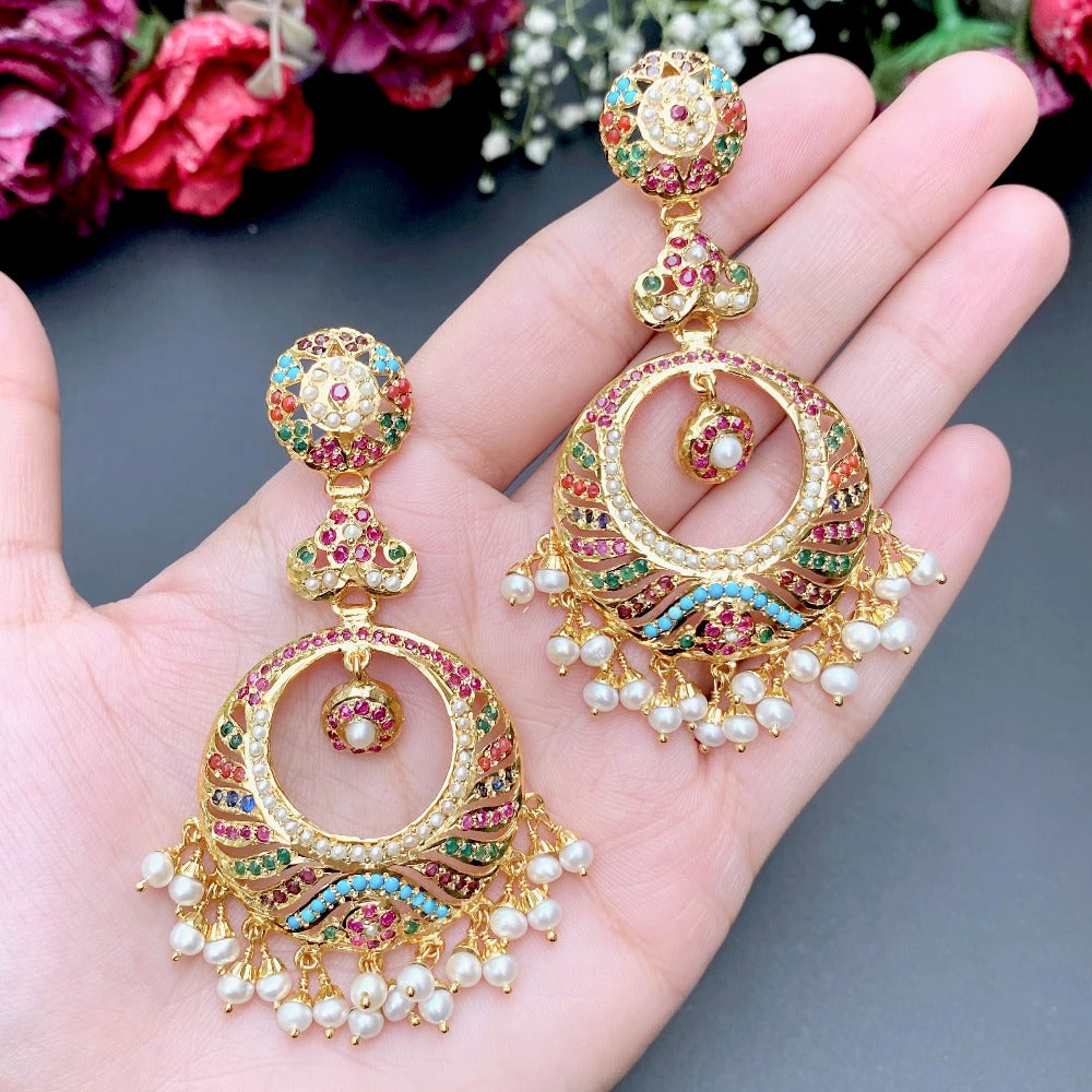 gold plated navratan chandbali earrings