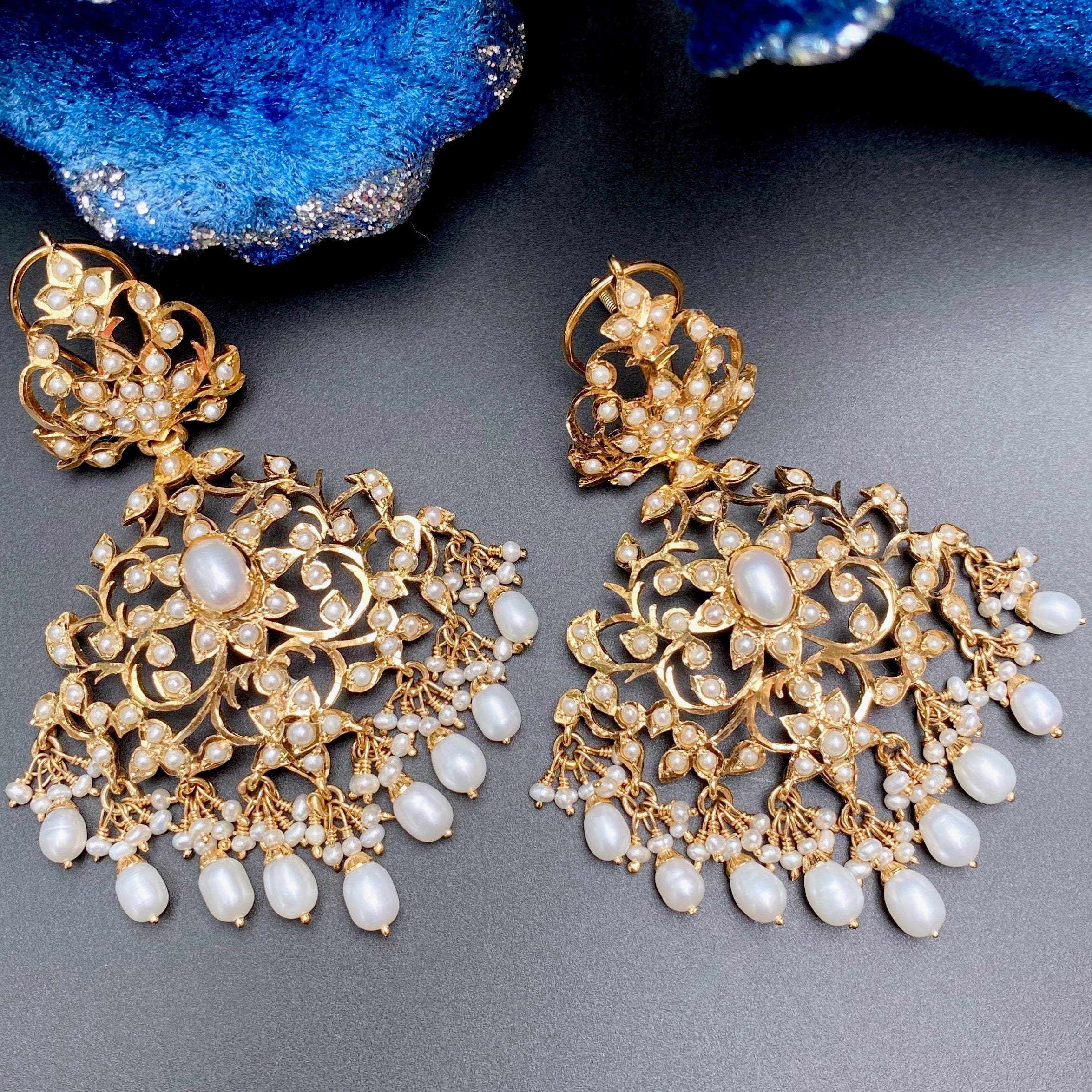 Alluring Pearl Earrings | Antique Edwardian Victorian Styled Indian Jewelry | Silver with Gold Plating  ER 170