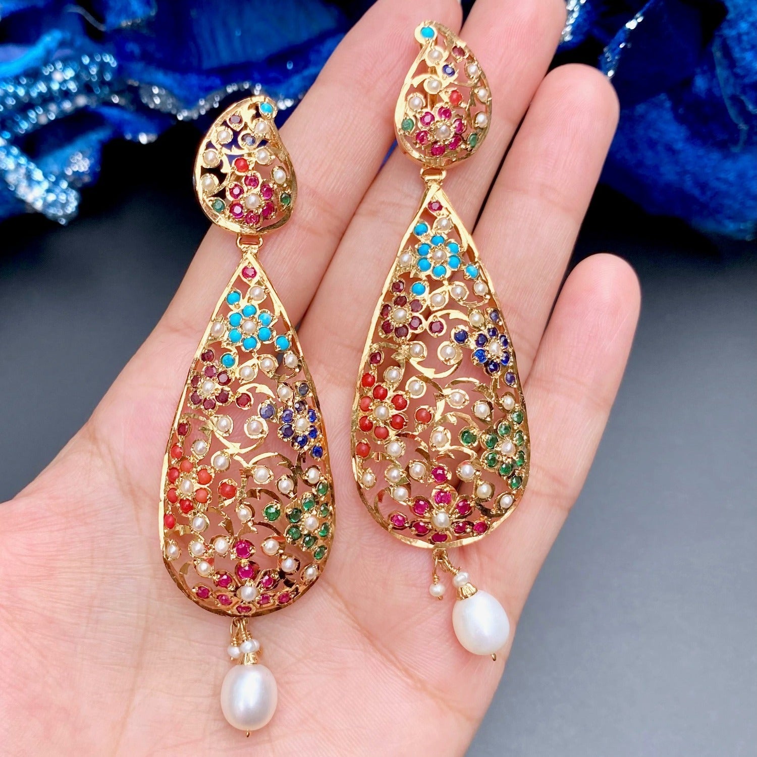 long indian navaratna earrings