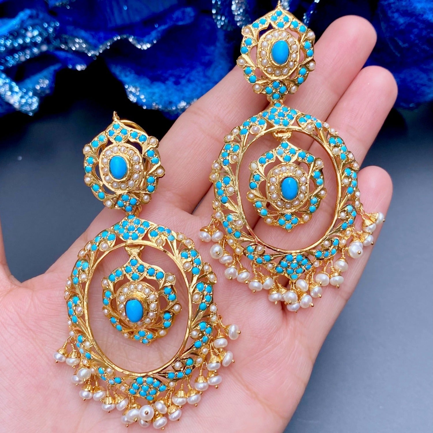 turquoise and pearl chandbali