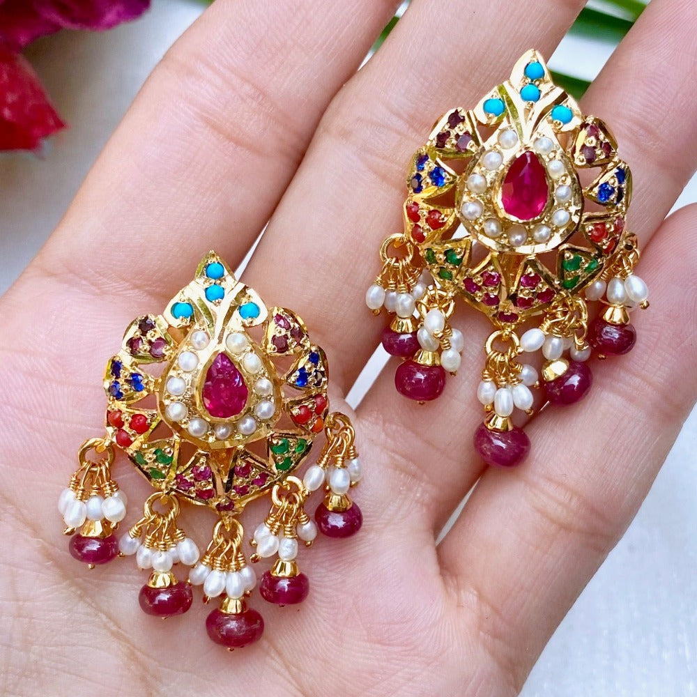 Navrattan Jadau Stud Earrings in Gold Plated Silver ER 354