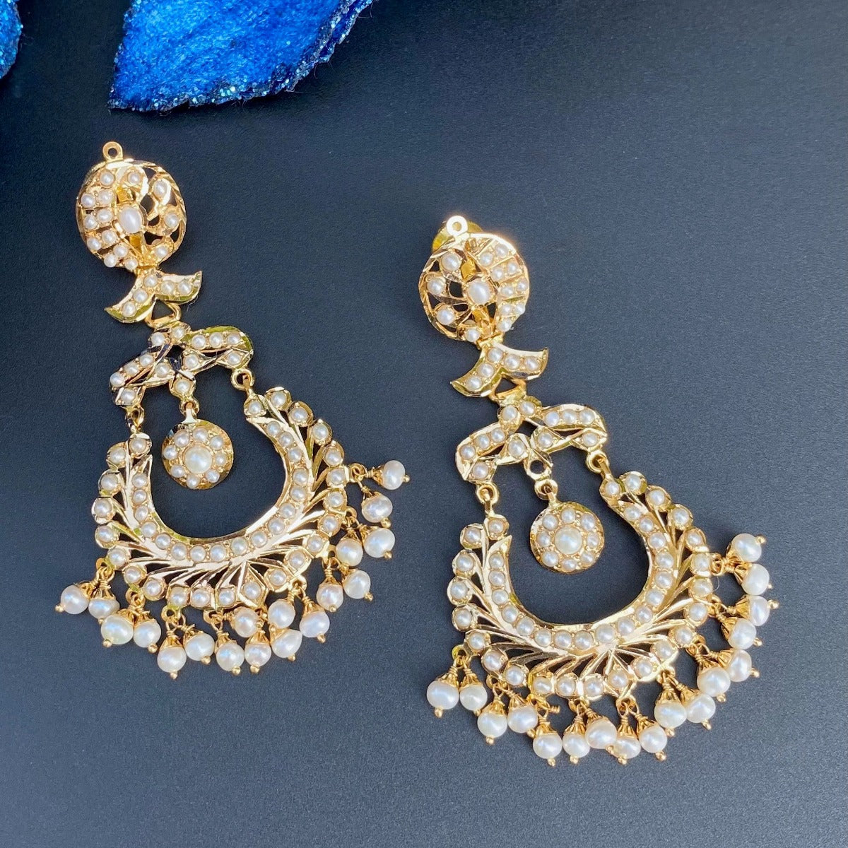 Dangling Pearl Chandbali Earrings in 22ct Gold GER 063