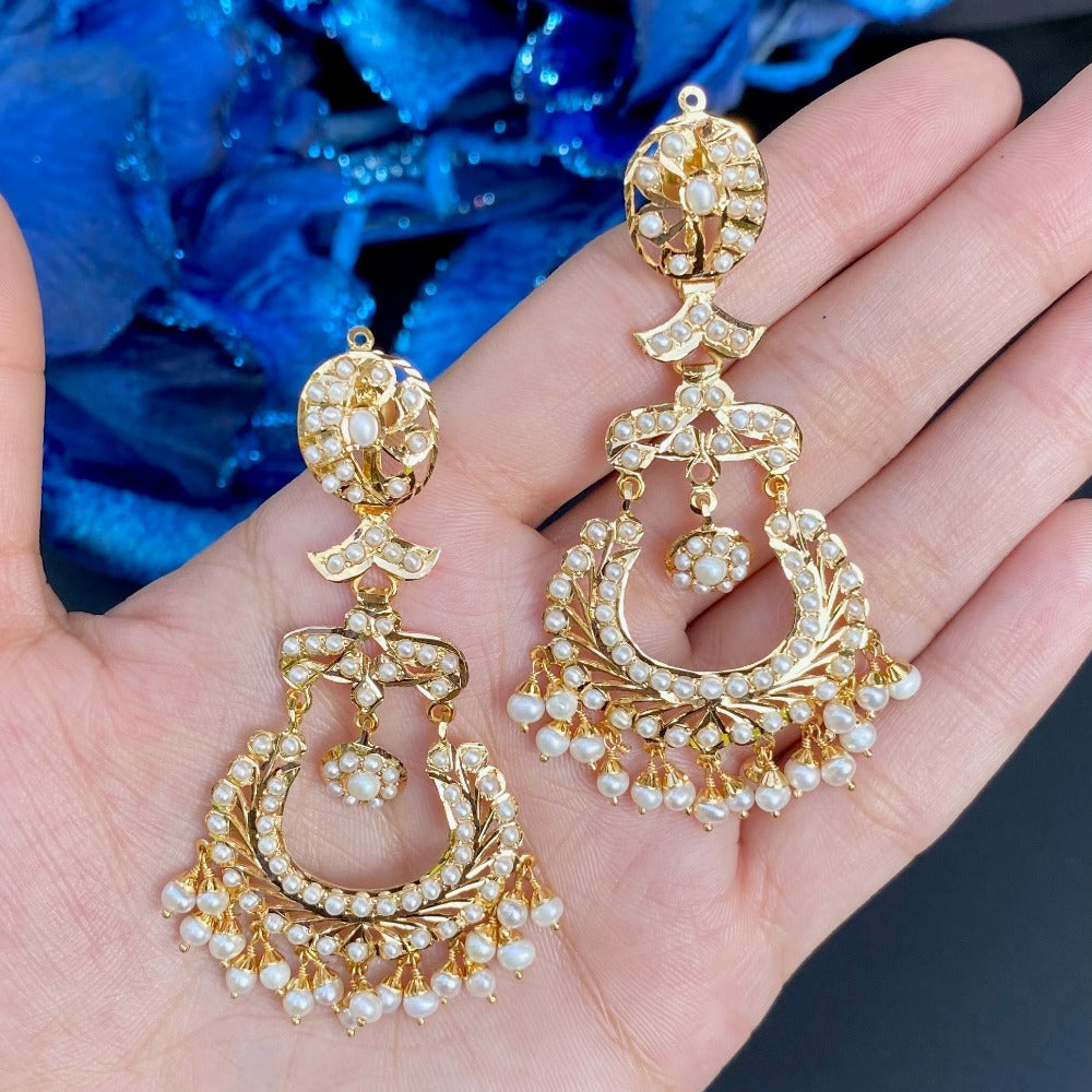 Dangling Pearl Chandbali Earrings in 22ct Gold GER 063