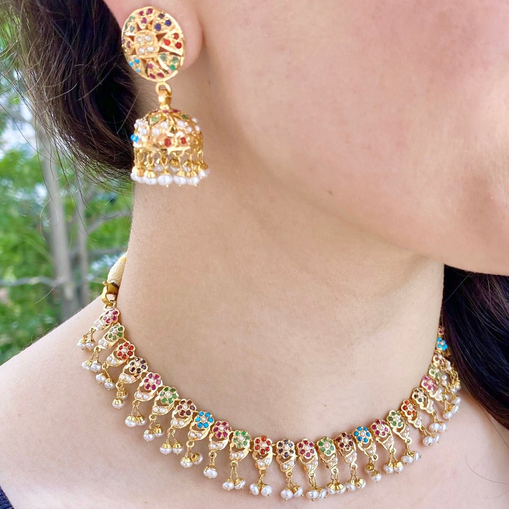 delicate gold navratna necklace with jhumka