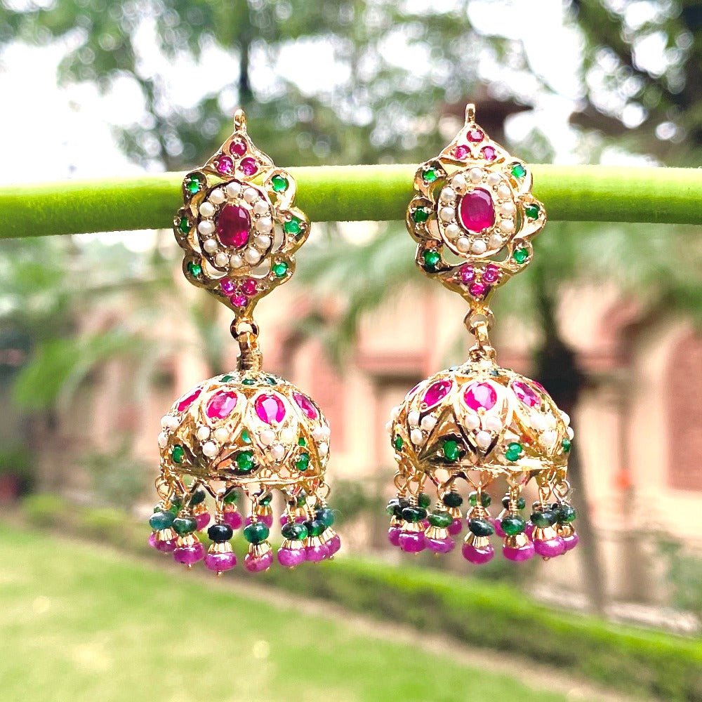 Multicolored Jadau Jhumka Earrings in Gold Plated Silver ER 144