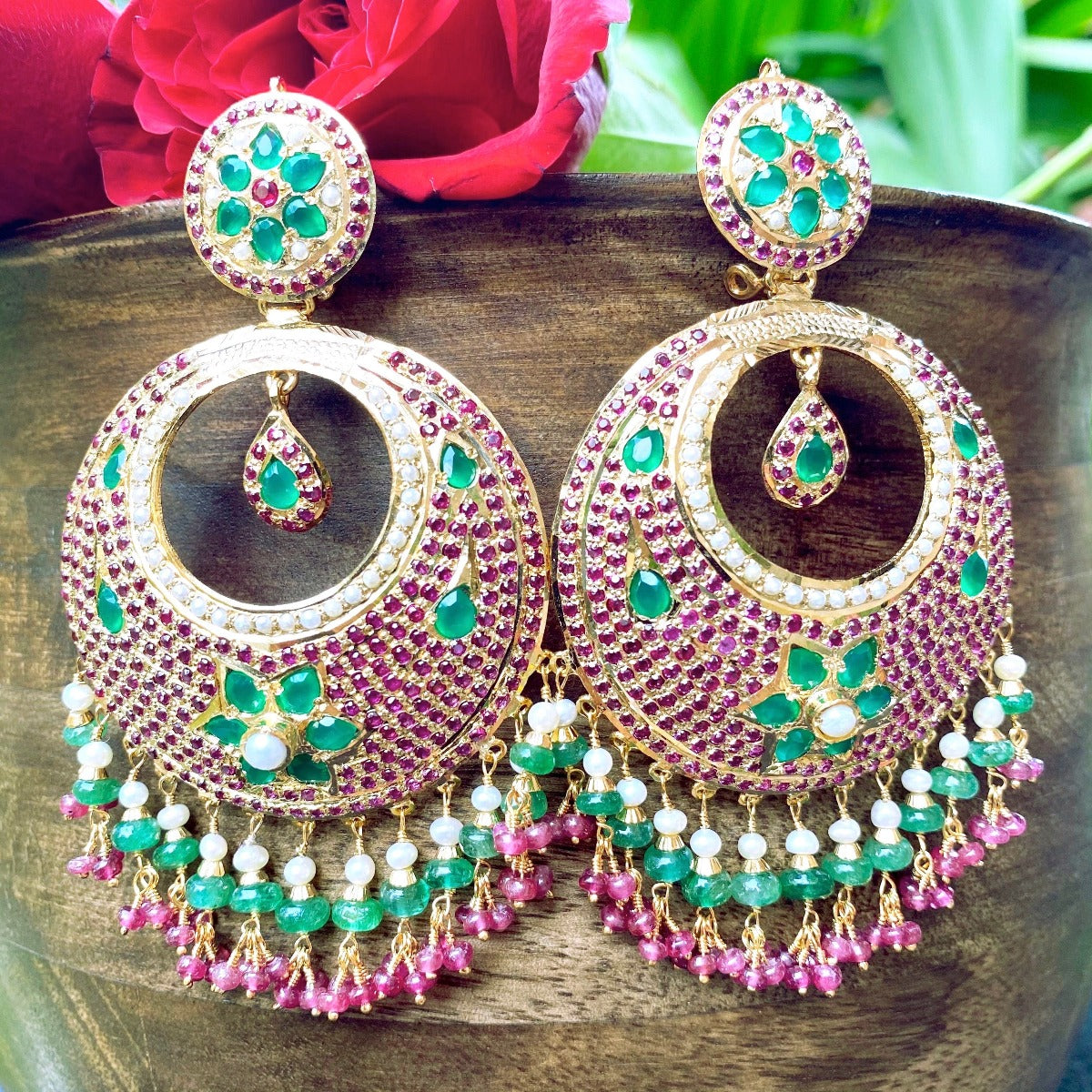 large ruby emerald hyderabadi chandbali earrings