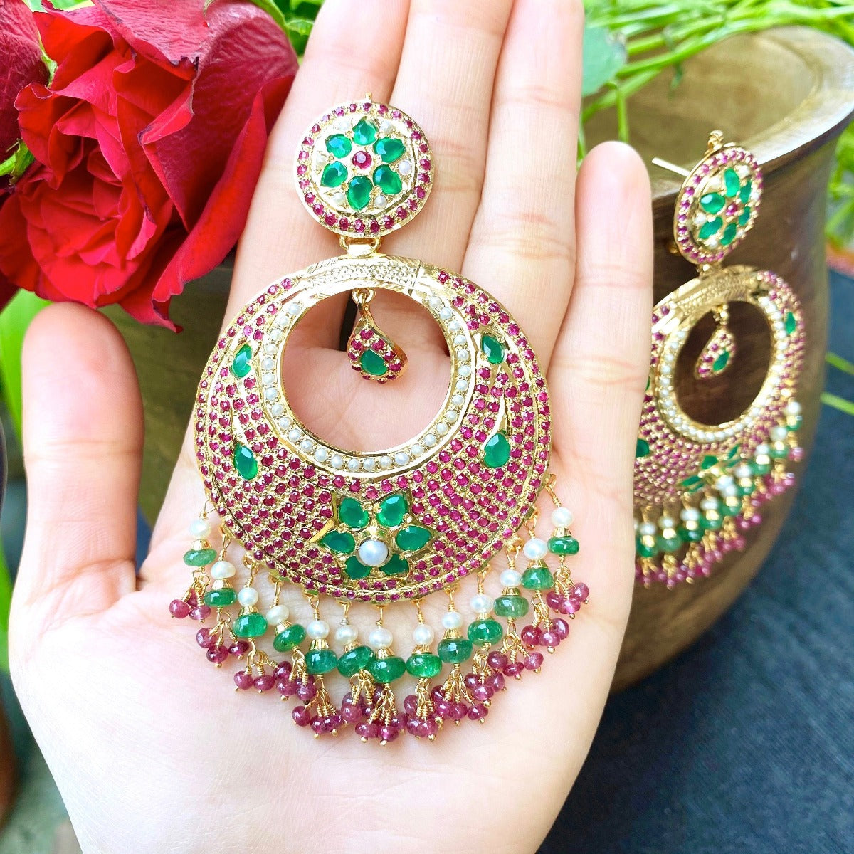 large indian chandbali earrings on silver with ruby emerald stones