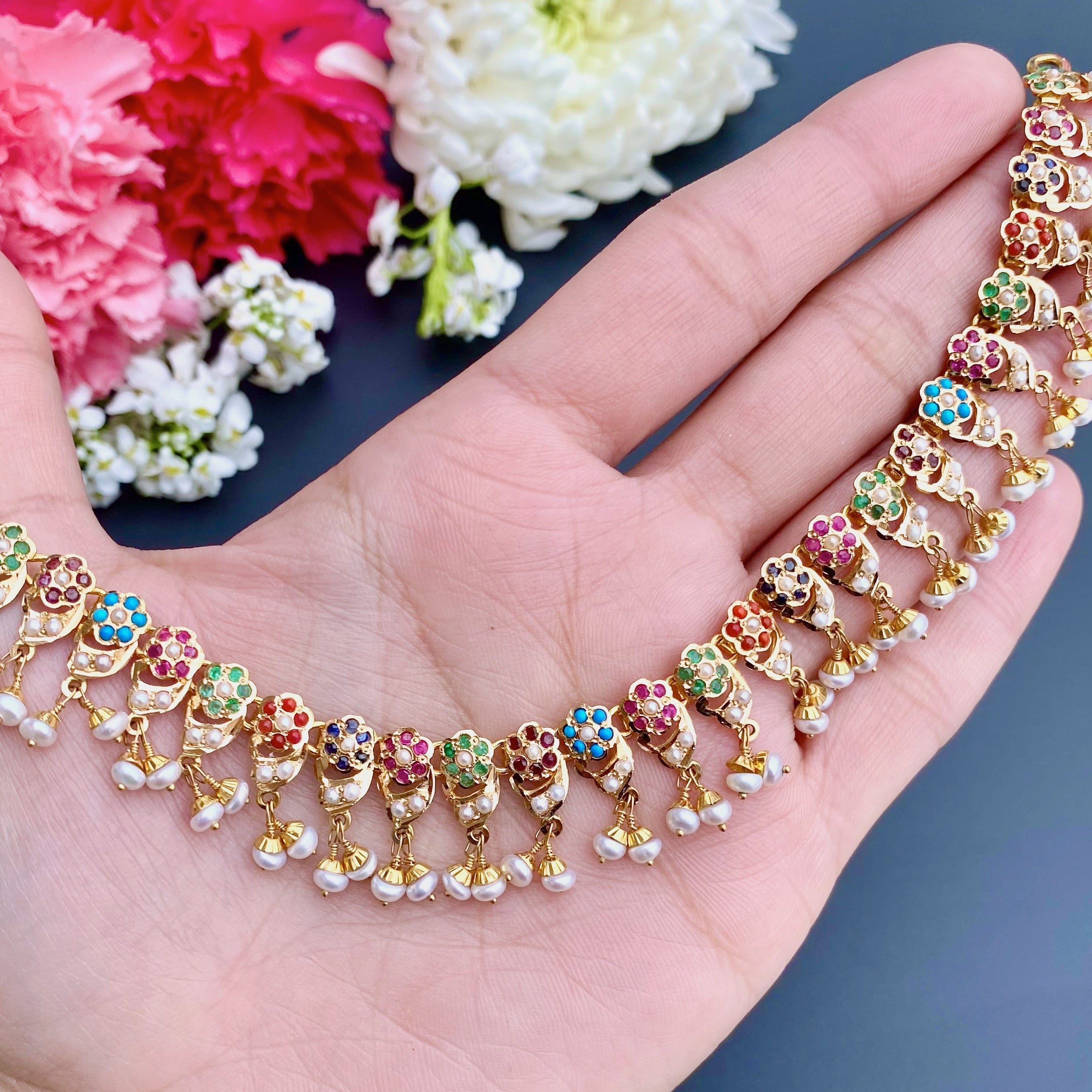 delicate gold navratna necklace with jhumka