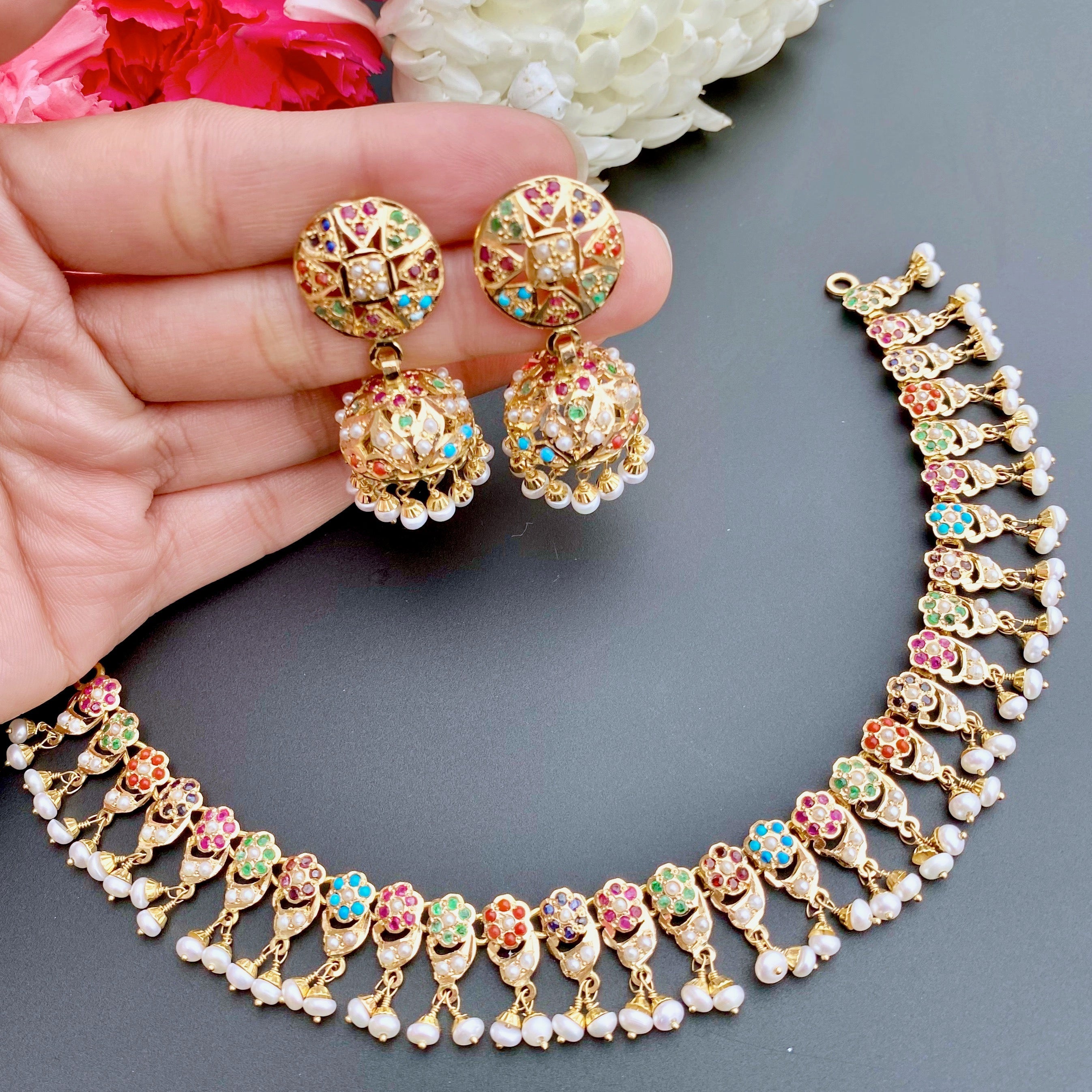 delicate gold navratna necklace with jhumka