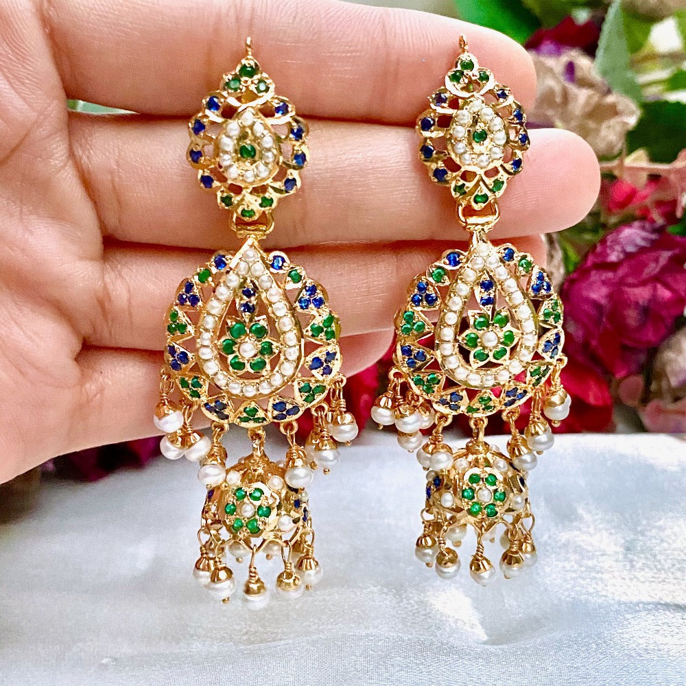 Multicolored Jadau Jhumka Earrings in Gold Plated Silver ER 357