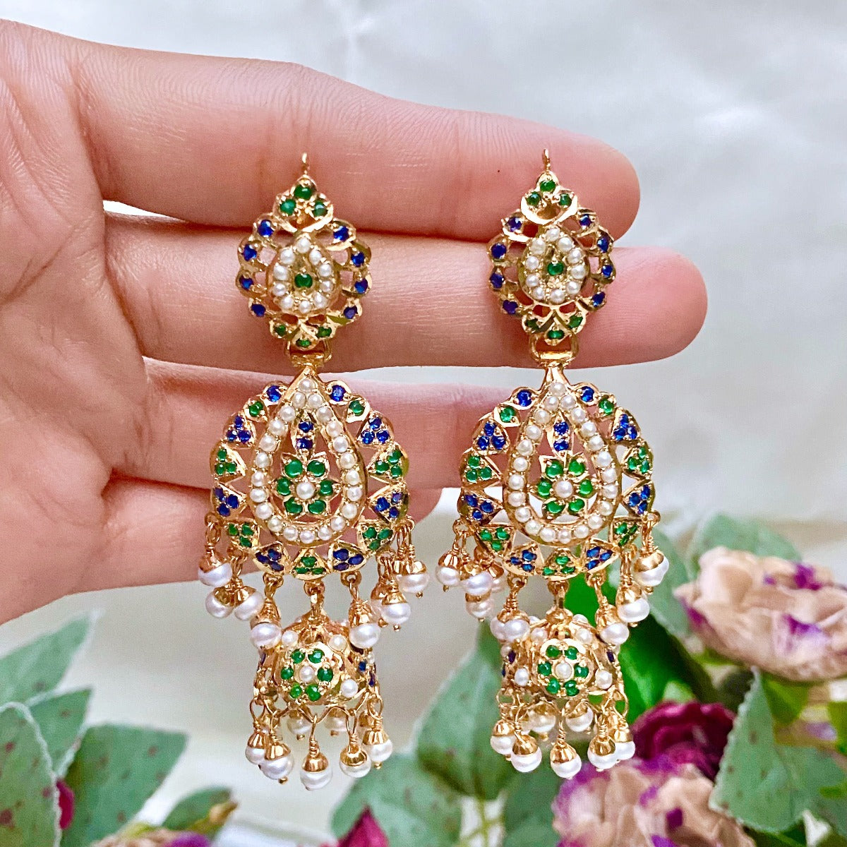 Multicolored Jadau Jhumka Earrings in Gold Plated Silver ER 357