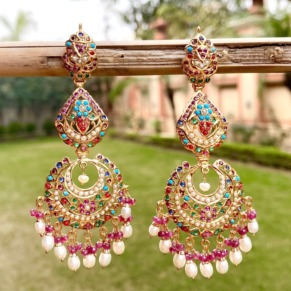 long Navaratna chandbali earrings