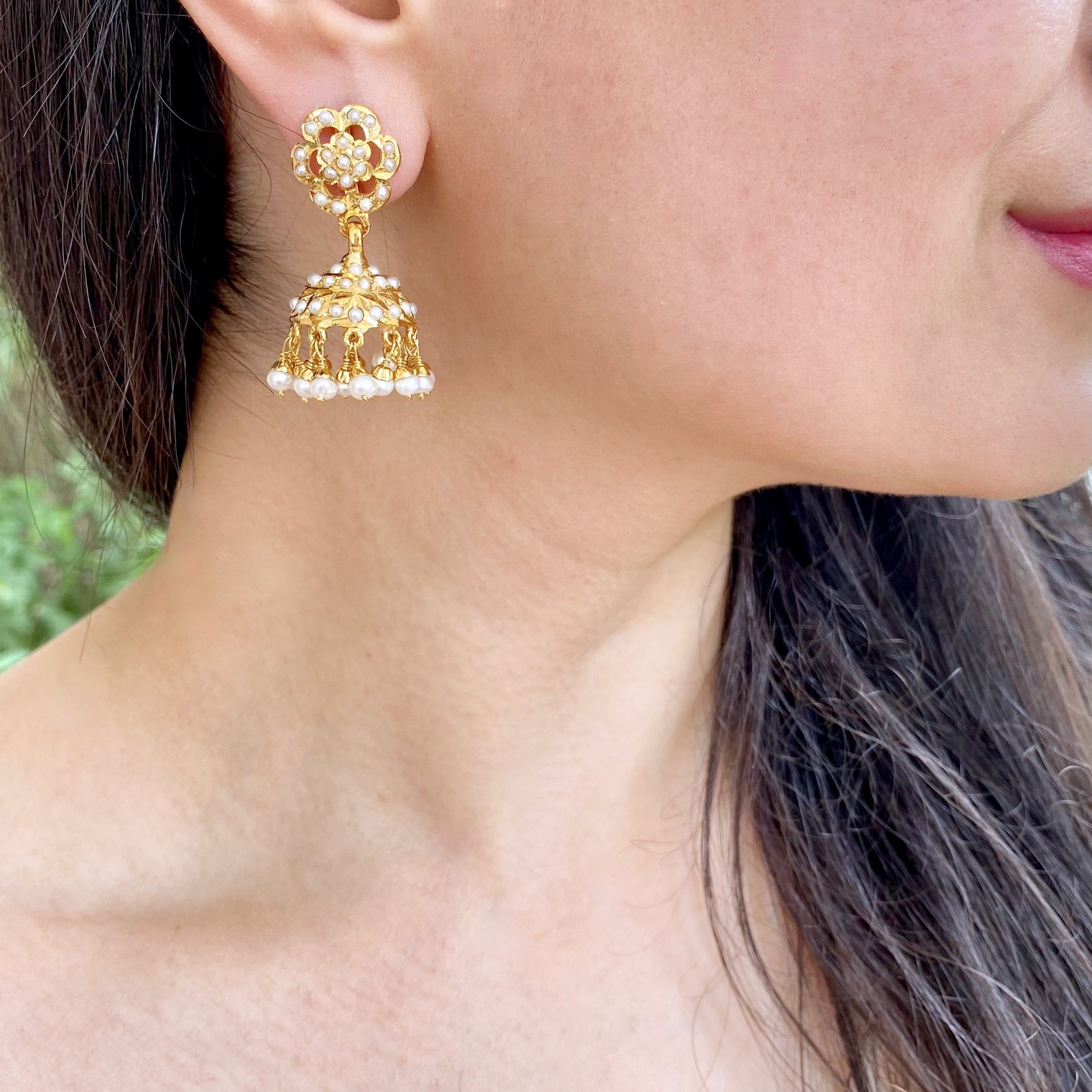 Gold Polished Silver Jhumkas Studded with Pearls | Small Dainty Design ER 378J