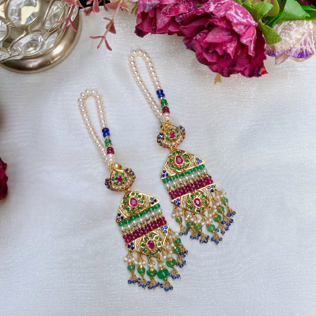 Multicolored Jadau Jhoomer Earrings in Gold Plated Silver ER 239A