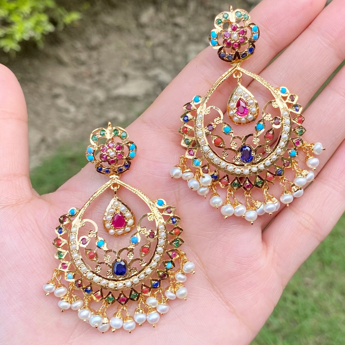 gold plated navratna chandbalis