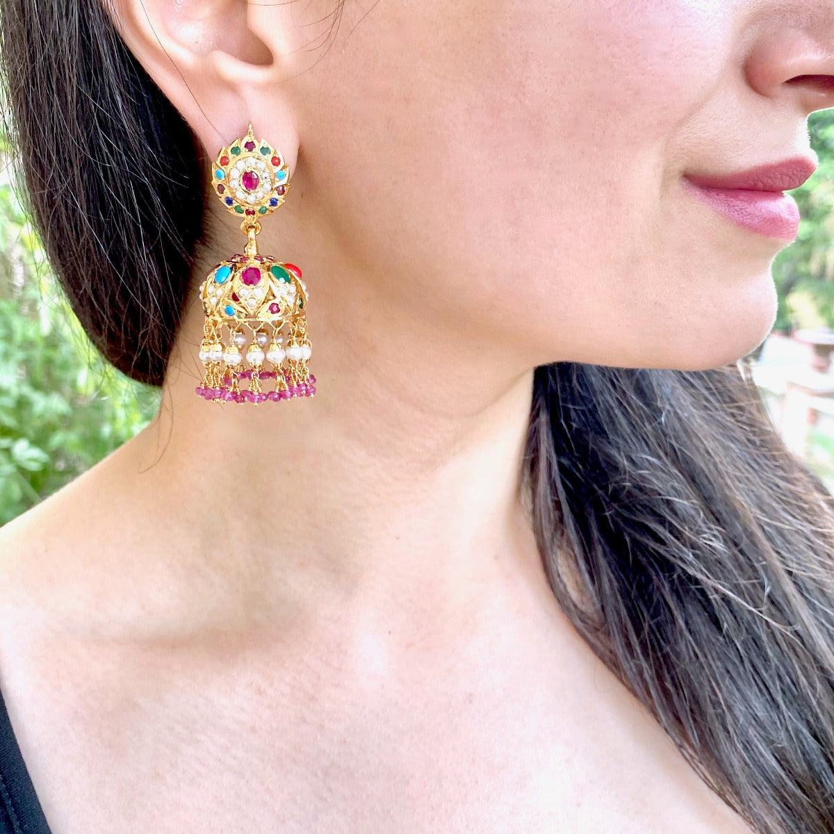 gold plated Navaratna jhumki