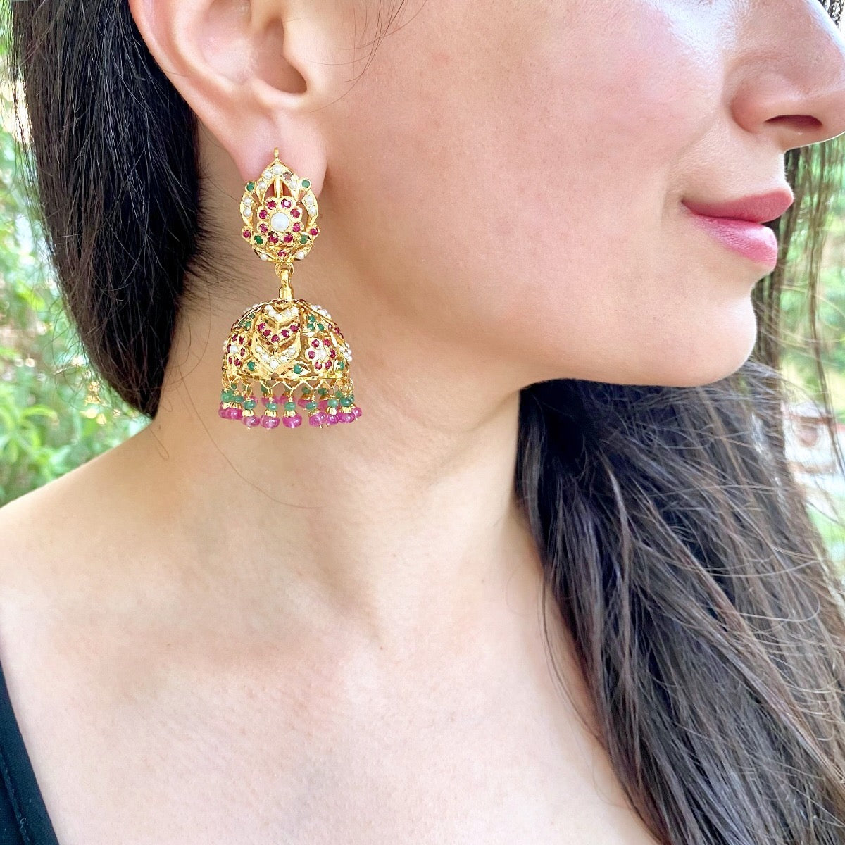 Punjabi Jadau Jhumka Earrings | Gold Plated on Silver | Hyderabadi Style Ruby Emerald Jhumki ER 387