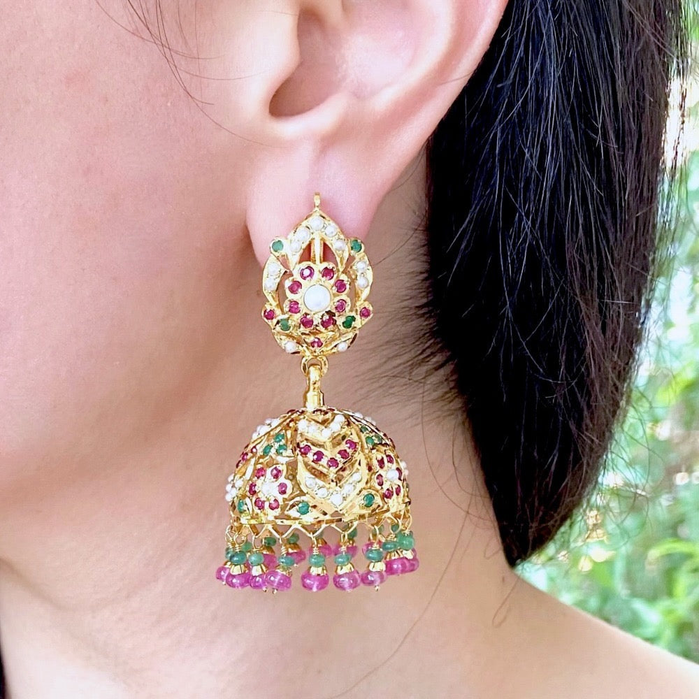 Punjabi Jadau Jhumka Earrings | Gold Plated on Silver | Hyderabadi Style Ruby Emerald Jhumki ER 387