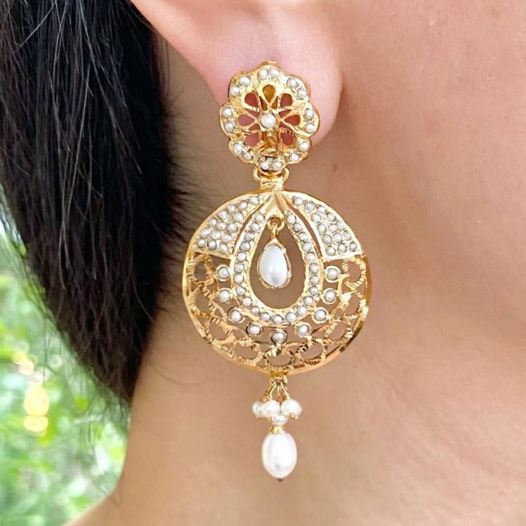 dainty indian pearl chandbali earrings