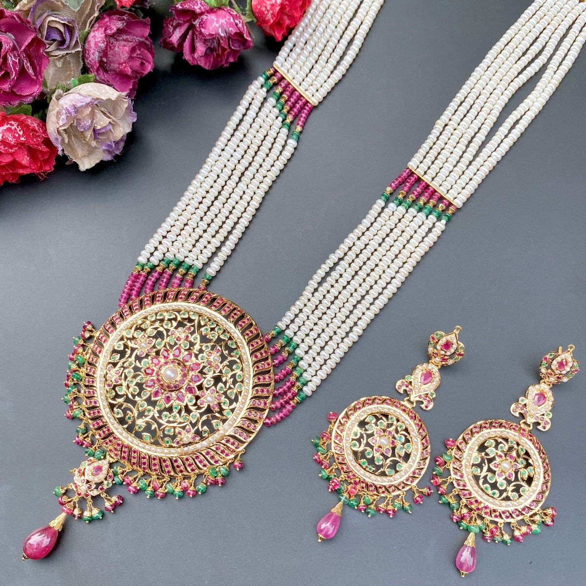 ruby emerald rani haar set in 22k gold