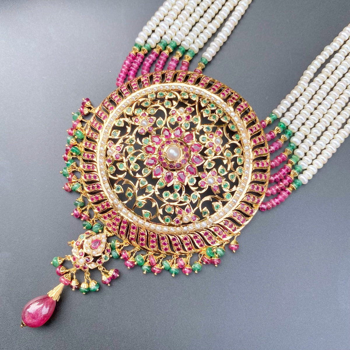 ruby emerald rani haar set in 22k gold