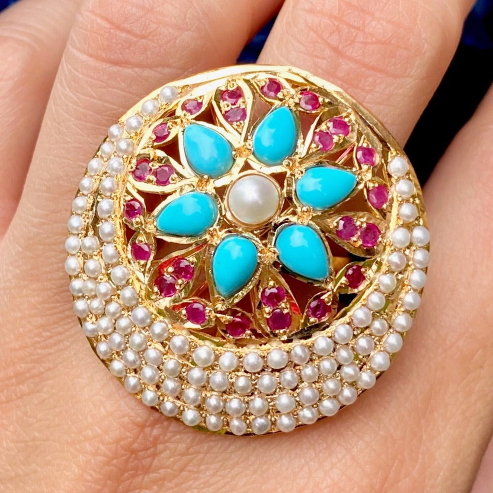 turquoise ruby and pearl ring in 22ct gold