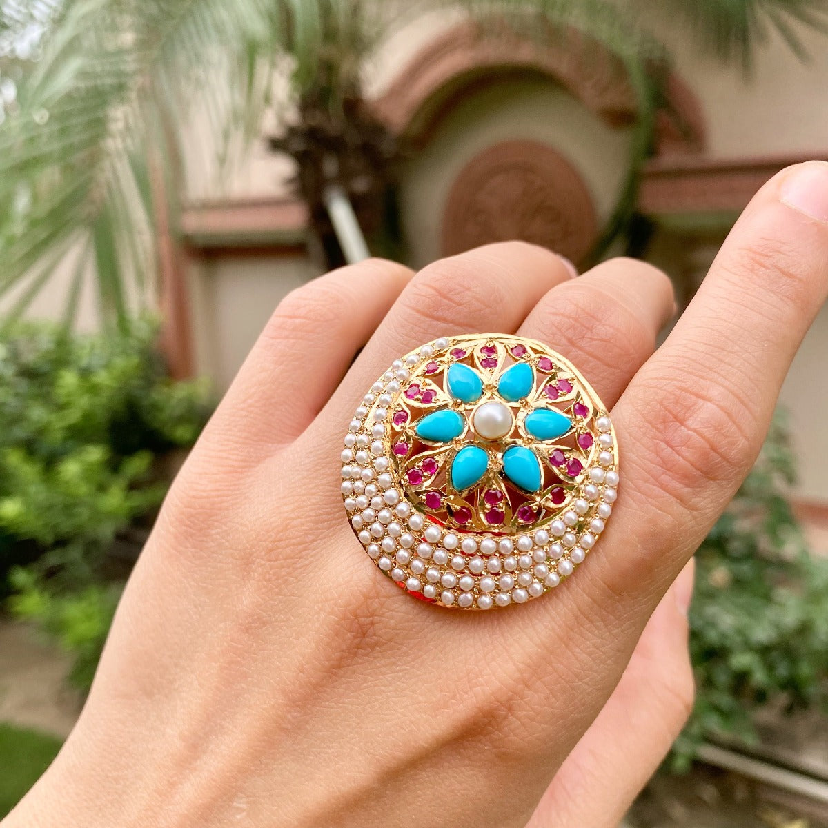 turquoise ruby and pearl ring in 22ct gold