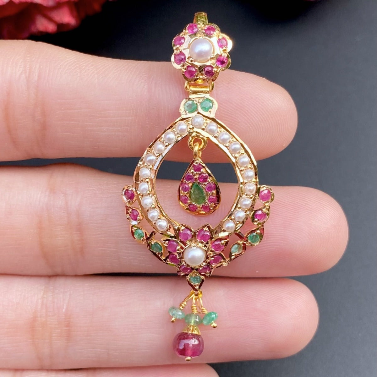 traditonal ruby emerald pearl pendant set in 22 carat gold