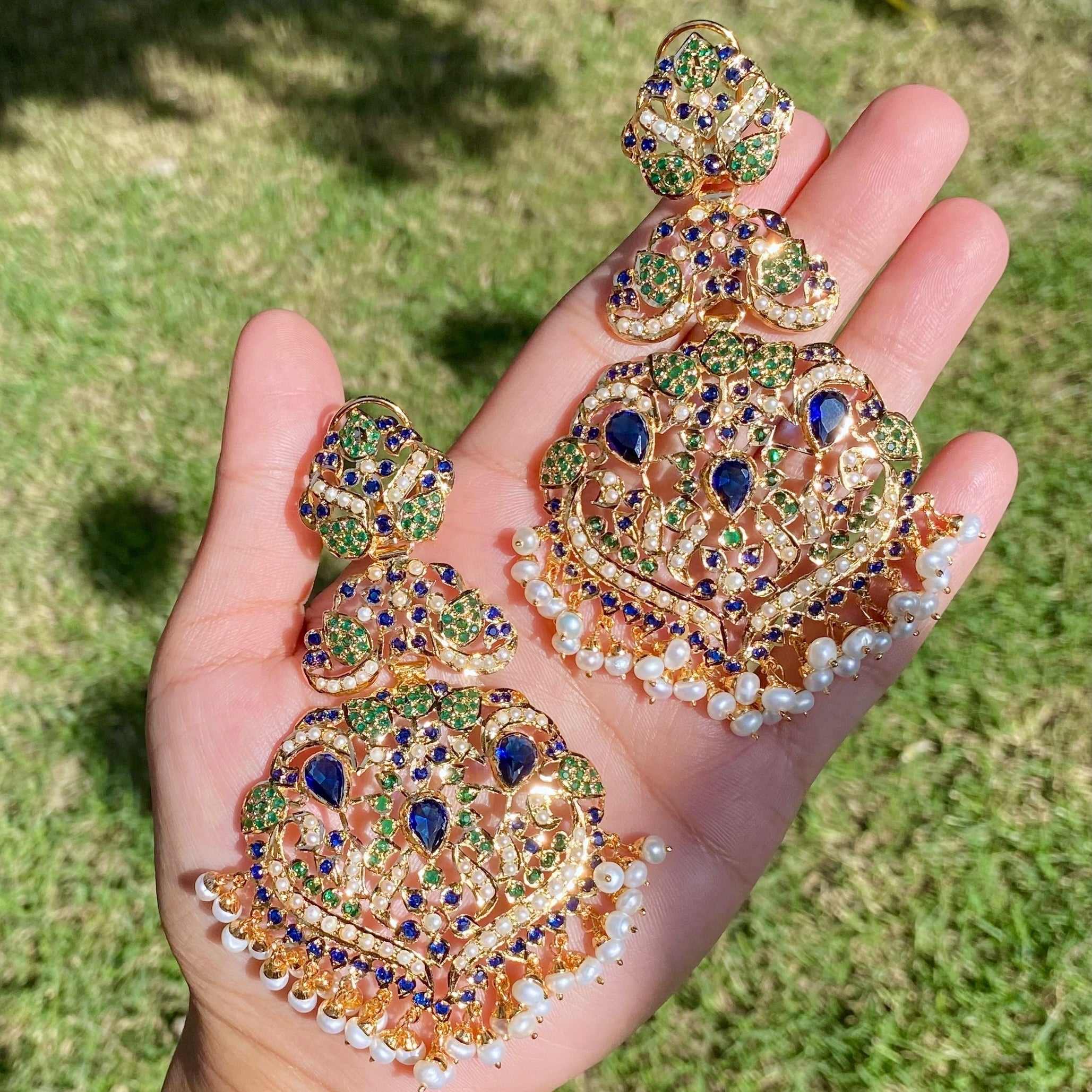 statement pakistani earrings with blue and green stones