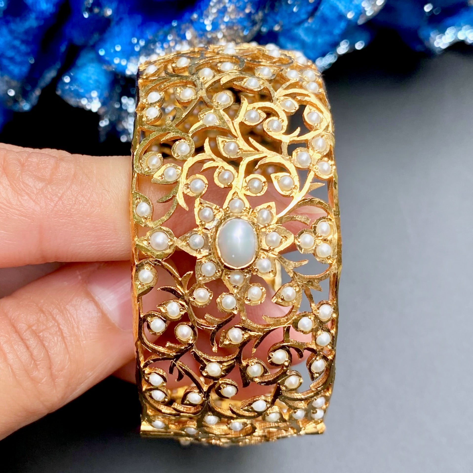 Single Broad Pearl Kada | Openable Jadau Bangle | Antique Design BG 082